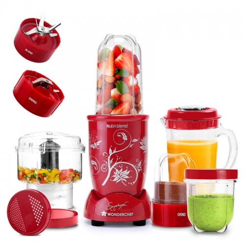 Nutri-blend Juicer, Mixer, Grinder, Smoothie Maker & Chopper | Complete Kitchen Machine | 22000 RPM Blender, Chopper, Juicer | 500W 100% Full Copper Motor | SS Blades | 4 Unbreakable Jars | 2 Years Warranty | Recipe Book By Chef Sanjeev Kapoor | Red